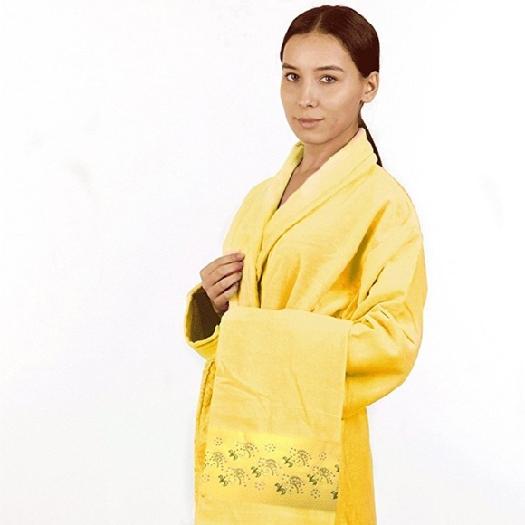 100% Turkish Cotton Bathrobe Ladies Yellow Solid - Picture 1 of 4